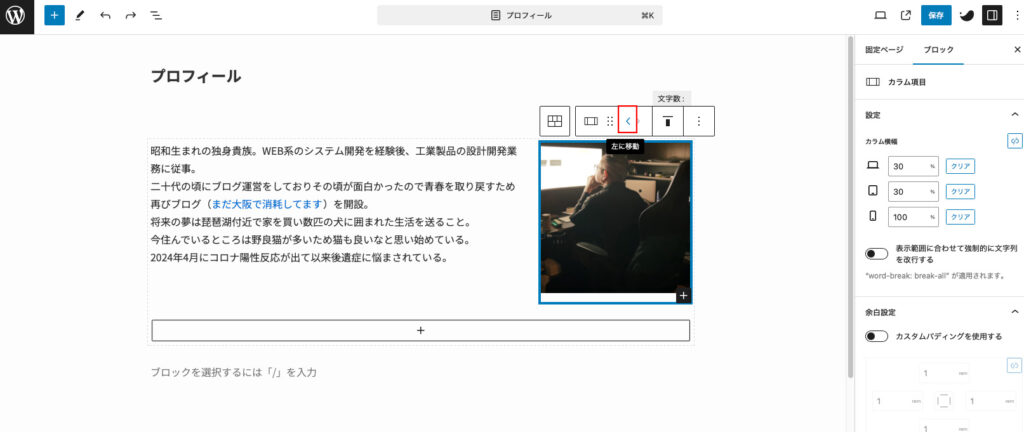 カラム選択状態で左右の移動ができる
